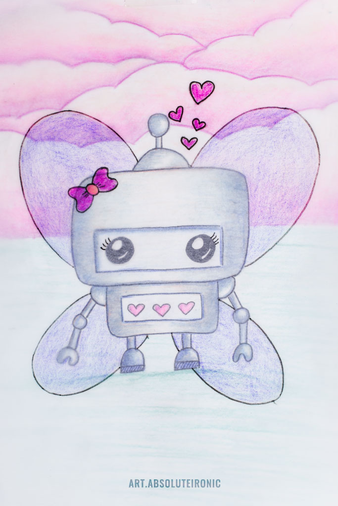 Drawing of a robot with fairy wings