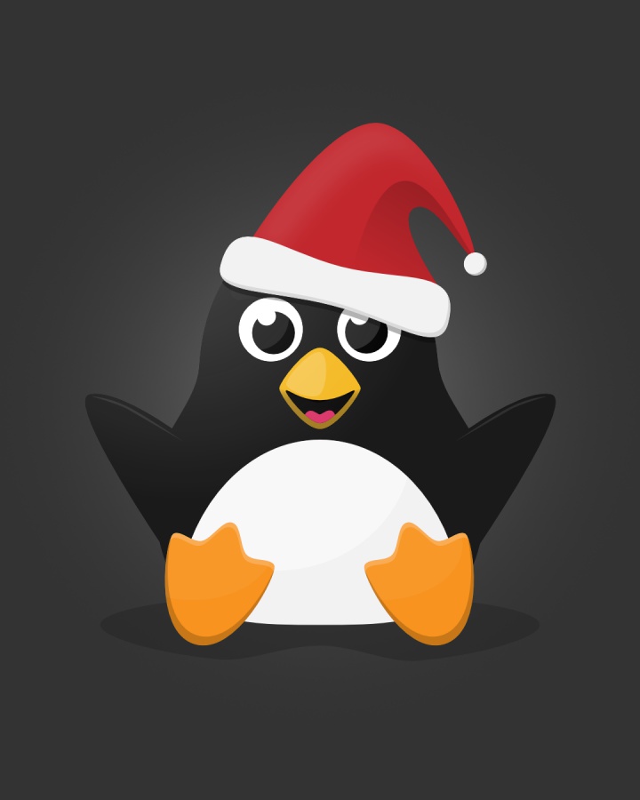 Graphic illustration of a penguin with a santa hat