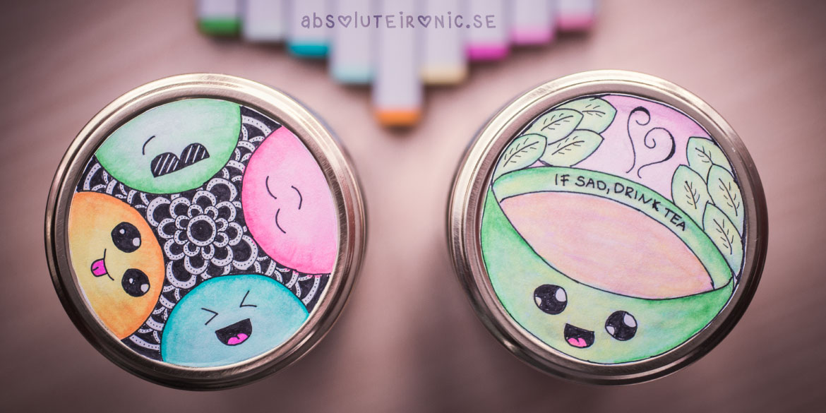 Doodle of cute characters on two jar lids