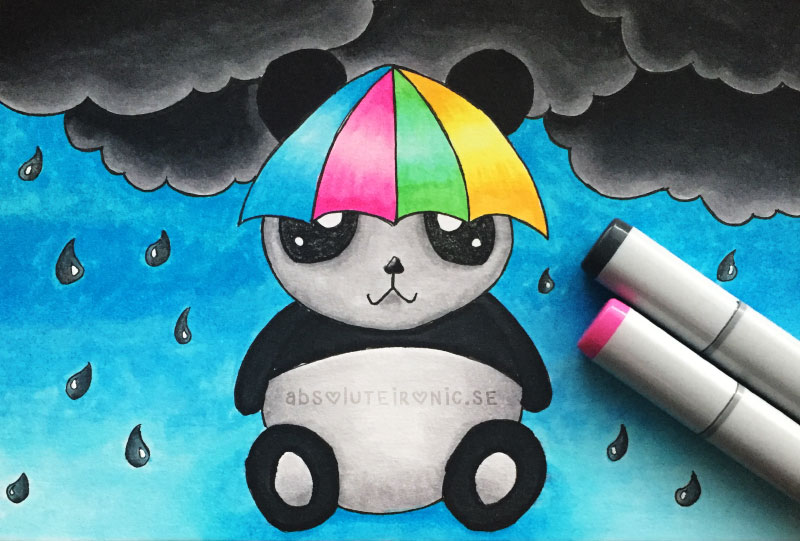 Doodle of a panda with an umbrella over its head, sitting under a cloud