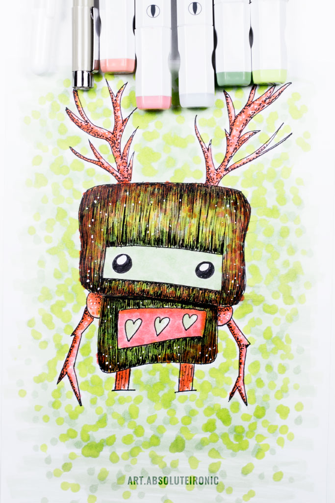 Drawing of a imaginary woodland creature that is partly robot, partly tree and partly shellfish.