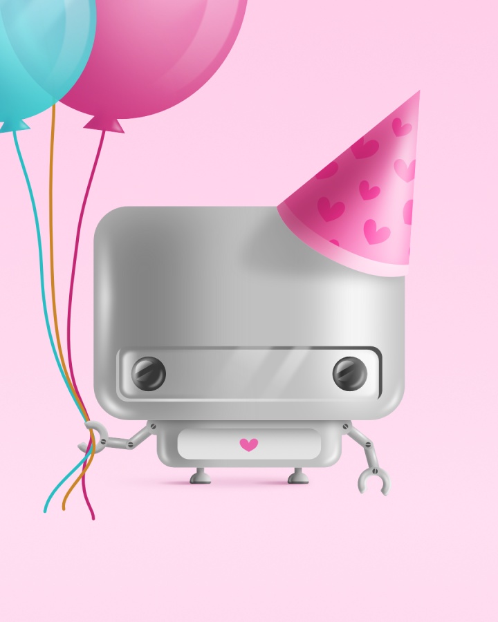 Close up of the graphic illustration of a robot with a party hat holding three balloons