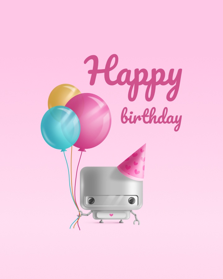 Graphic illustration of a robot with a party hat holding three balloons