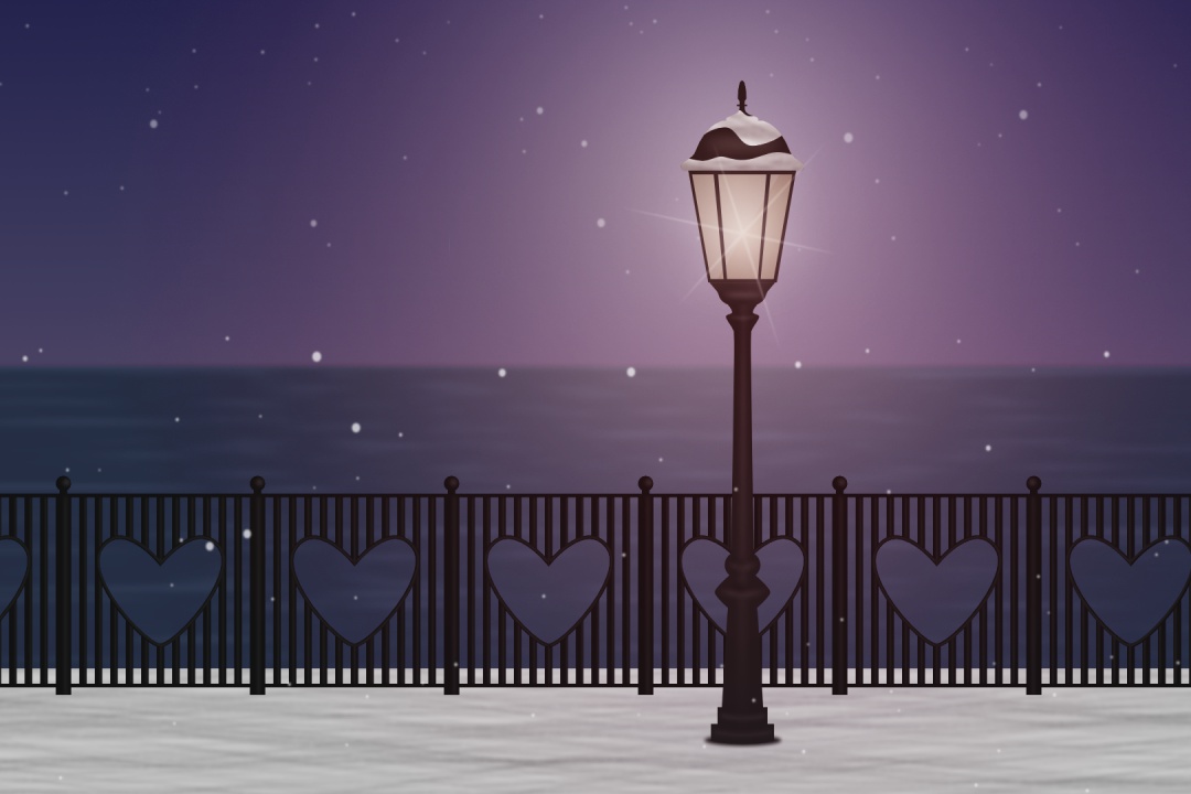 Graphic illustration of a lamp post by the water a snowy night