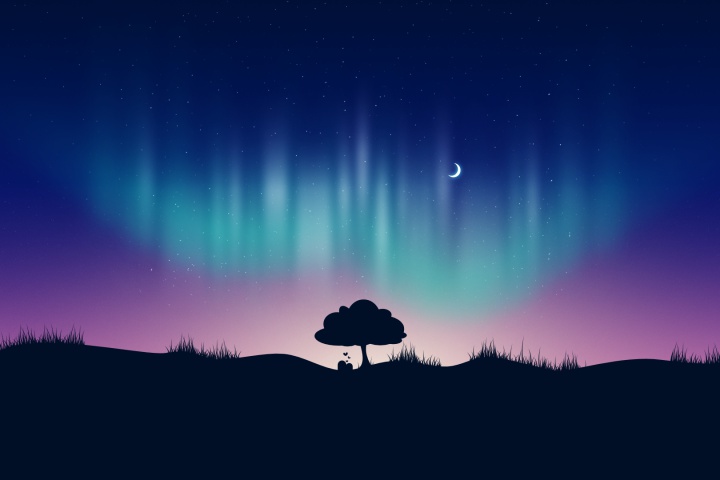 Graphic illustration of the northers lights over a hill