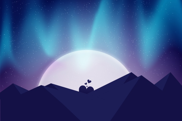 Graphic vector illustration of the northern lights by the mountain