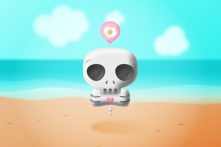 Illustration of a skeleton on a beach